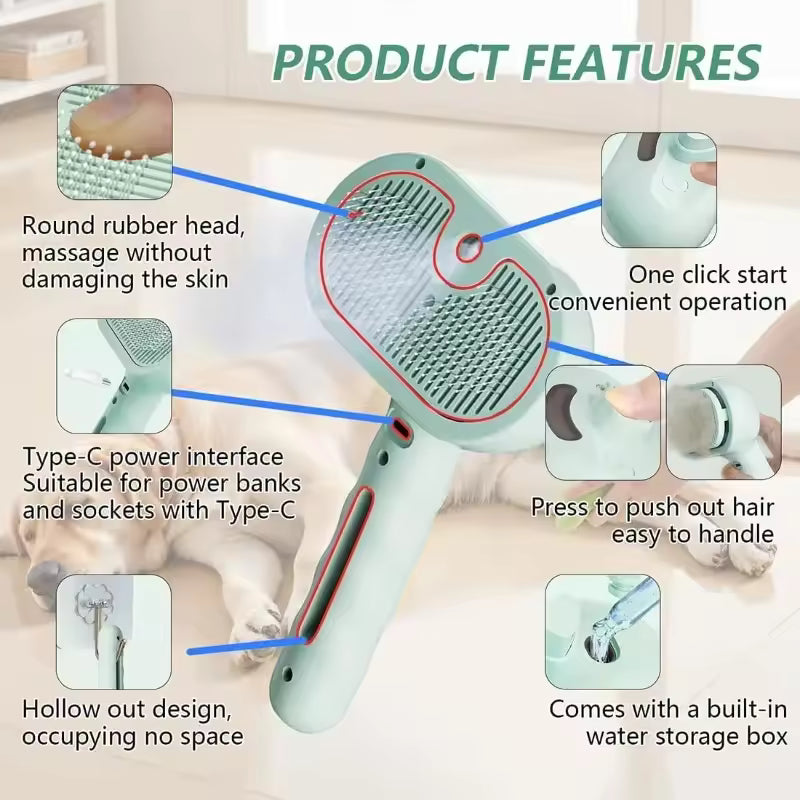 Professional steam hairbrush for cats, electric hair straightener, pet massage comb
